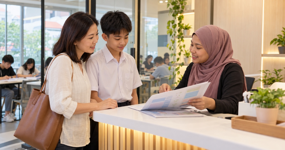 Parent and child meeting a tutor at a maths and science tuition centre in Katong, East Singapore